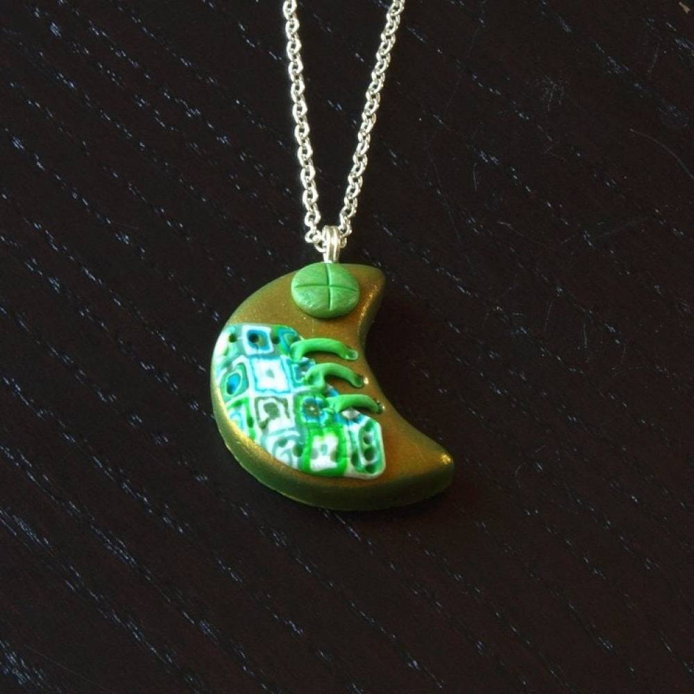 Kette silber Fimo Clay Mond grün Steampunk gold