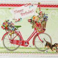 Nostalgie Postkarte Fahrrad Blumen Hund Geburtstagskarte Glitterpostkarte Bild 1