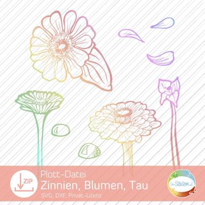 Plottdatei Zinnie, florale Plotter-Datei mit Blume, Tauftropfen, Wassertropfen, Blütenblättern, 4 verschiendenen Zinnia