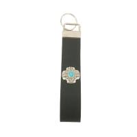 Schwarzer LEDER Schlüsselanhänger mit silbernen kreuzförmigen Concho und Türkis Bild 1