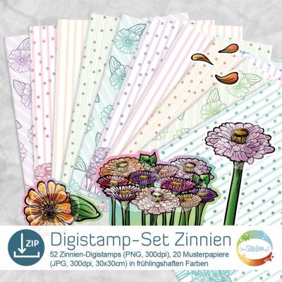 Digistamp-Set Zinnien, frühlinghafte Blumen, Bauerngarten, florales Digipapier, digitales Stempelset Zinnia zum plotten