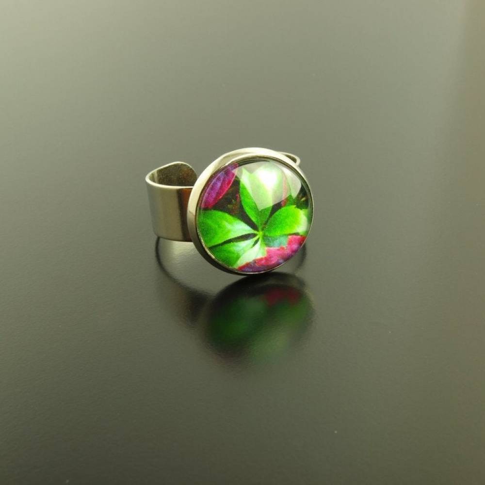 Ring Cabochon Glas Blatt silber vintage grün