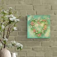 BLÜTENHERZ MIT AFELBLÜTEN UND GÄNSEBLÜMCHEN mintfarbig- romantisches Blumenbild mit Glitter und Strukturpaste 20cmx20cm Bild 4