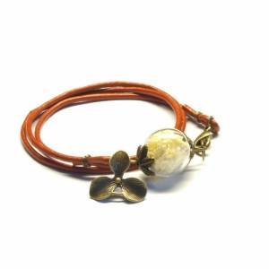 Echte Blüten Glas Perle Armband Leder bronze #2 Bild 1