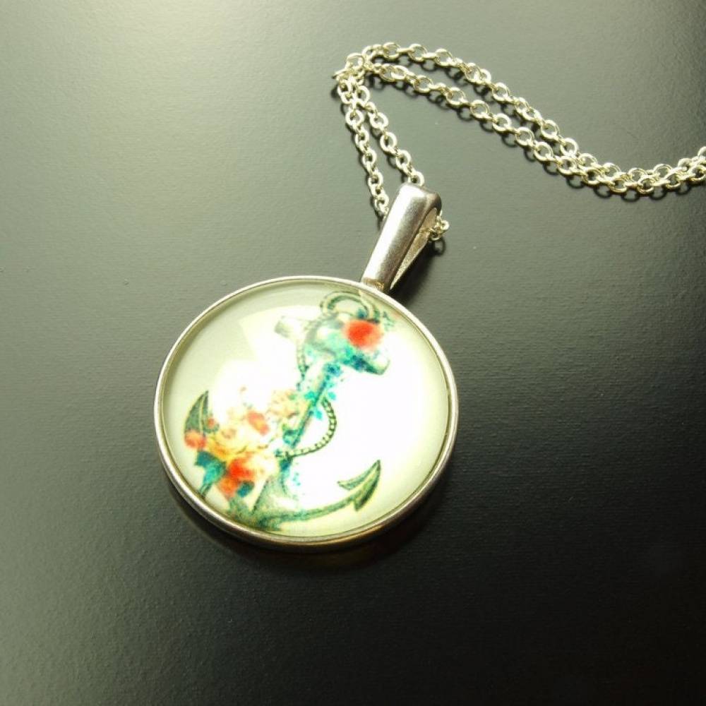 Kette silber Cabochon Glas Anker maritim bunt
