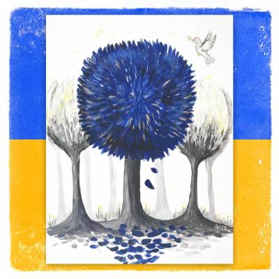 Blauer Baum mit Friedenstaube handgemalt, 40x30cm