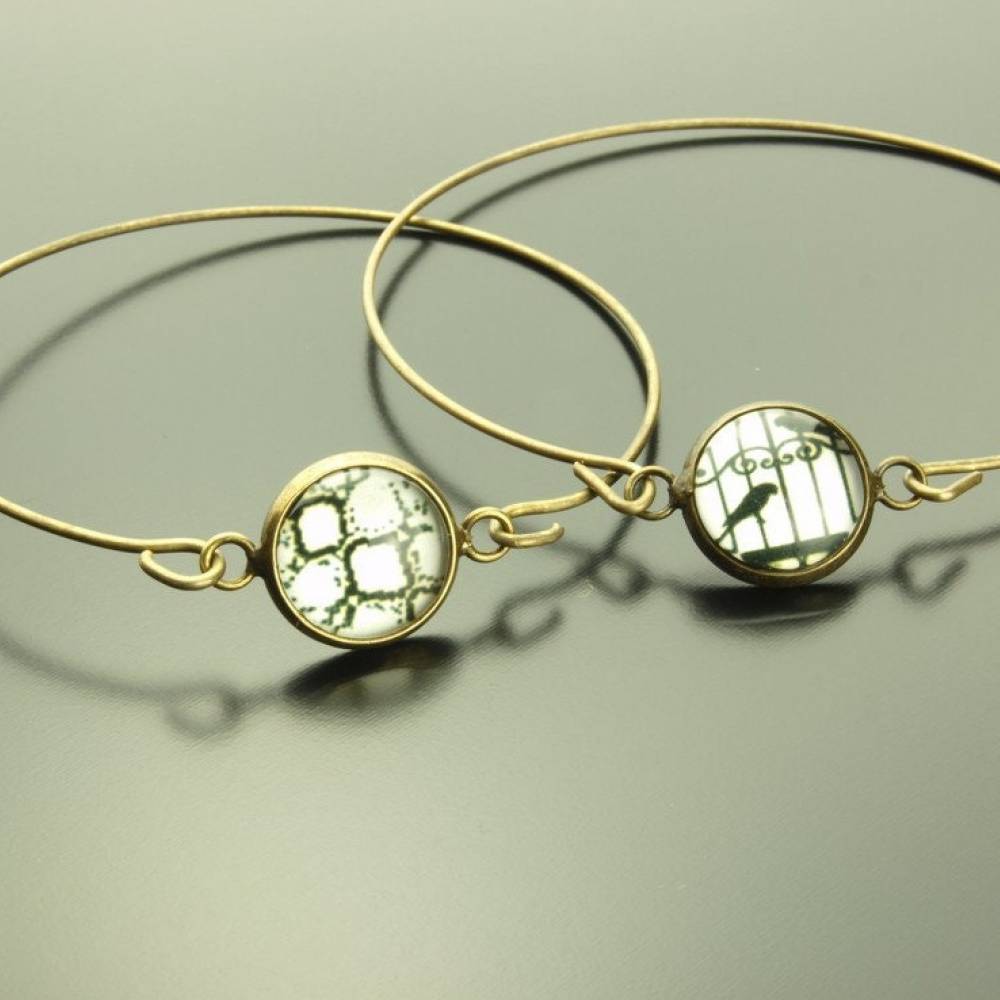 Set Armreifen Cabochon Glas schwarz weiß bronze