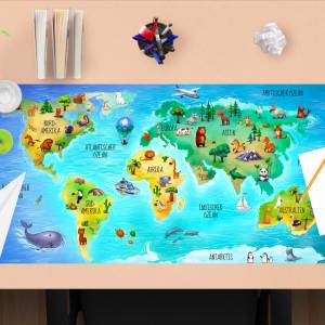 Schreibtischunterlage Kinder – Weltkarte in deutsch mit Tieren – 74 x 40 cm – Schreibunterlage abwischbar aus Premium Vi Bild 1