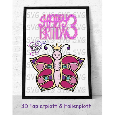 Plotterdatei "3.Geburtstag Schmetterling" und "Happy 3. Birthday Schild" , SVG, DXF