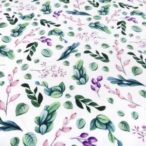 Stoff Baumwolle Jersey Eukalyptus Blätter weiß grün rosa lila Kleiderstoff Kinderstoff Blumenmuster Bild 1