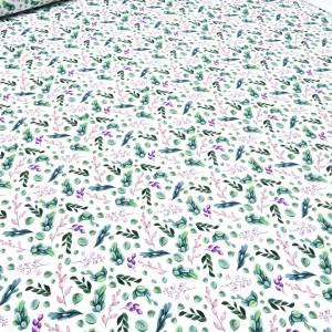 Stoff Baumwolle Jersey Eukalyptus Blätter weiß grün rosa lila Kleiderstoff Kinderstoff Blumenmuster Bild 2