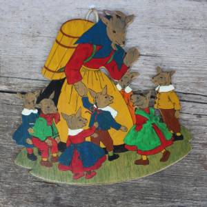 Der Wolf und die 7 Geißlein Wandbild Grimms Märchen Kinderzimmer Handarbeit Laubsägearbeit Vintage 50er 60er Jahre Bild 1