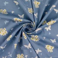 Baumwoll Popeline leichter Frühjahrs-/ Sommerstoff  Blumen u. Schmetterlinge jeansblau  (1m/9,-€) Bild 1