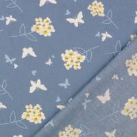Baumwoll Popeline leichter Frühjahrs-/ Sommerstoff  Blumen u. Schmetterlinge jeansblau  (1m/9,-€) Bild 2