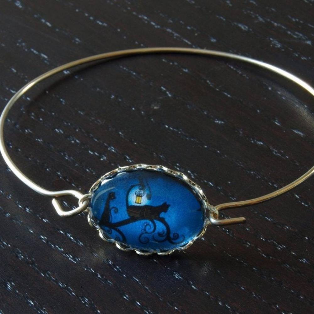 Armreif Cabochon Glas Katze Spiralreif silber blau