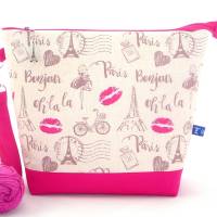 Projekttasche Gr. L *Pink Kisses*, Handarbeitstasche, Kulturbeutel mit Paris Motiven Bild 1