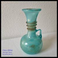 Antike GLASVASE Jugendstil - Mundgeblasen in türkis mit Glasfadenauflage und Henkel Bild 1