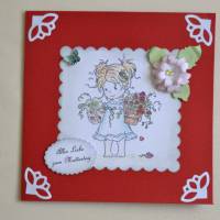Glückwunschkarte zum Muttertag "Mädchen mit Blumentopf" rot-weiß Bild 1