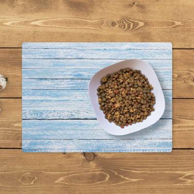 Napfunterlage | Futtermatte „Blaue Holzbretter im Vintage-Look“ aus Premium Vinyl 44x32 rutschhemmend, abwaschbar, reißf