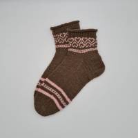 Gestrickte Socken in braun rosa, Gr. 38/39, romantische Fairisle Herzen im Schaft, handgestrickt Bild 1
