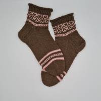 Gestrickte Socken in braun rosa, Gr. 38/39, romantische Fairisle Herzen im Schaft, handgestrickt Bild 2