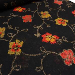 Stoff Baumwolle leichter feiner Jersey mit Intarsien Blumen Ranken schwarz rot gelb braun Kleiderstoff Bild 1
