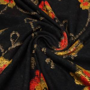 Stoff Baumwolle leichter feiner Jersey mit Intarsien Blumen Ranken schwarz rot gelb braun Kleiderstoff Bild 4