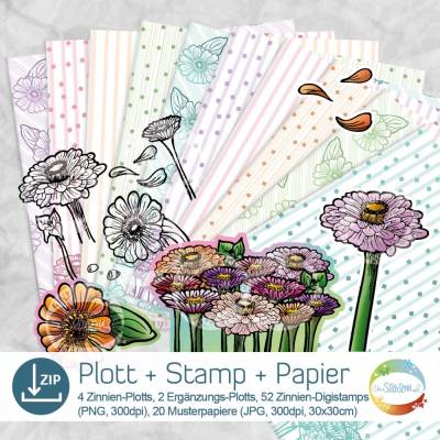 Bundle-Datei Zinnien aus Plotterdatei, Digistamp, Digipapier, florales Dateien-Paket für die Plott-Deko, Blumen, Zinnia