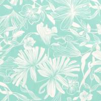 Baumwollsatin, exotische Blumen und Blätter, mint-weiß, 145 cm breit, Preis pro 0,5 lfdm Bild 1