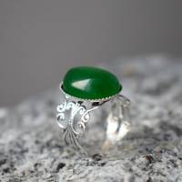 filigraner Ring mit Jade grün, Oval, Statement verstellbar Ring Edelstein, Antik, Silber, grün, Steinring, Geschenk Bild 1