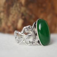 filigraner Ring mit Jade grün, Oval, Statement verstellbar Ring Edelstein, Antik, Silber, grün, Steinring, Geschenk Bild 4
