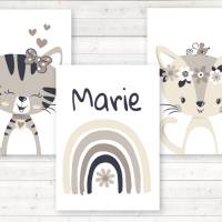 3er Set Kinderzimmerbilder Katzen mit Regenbogen, mit oder ohne Namen,  A4 weiß beige Bild 2