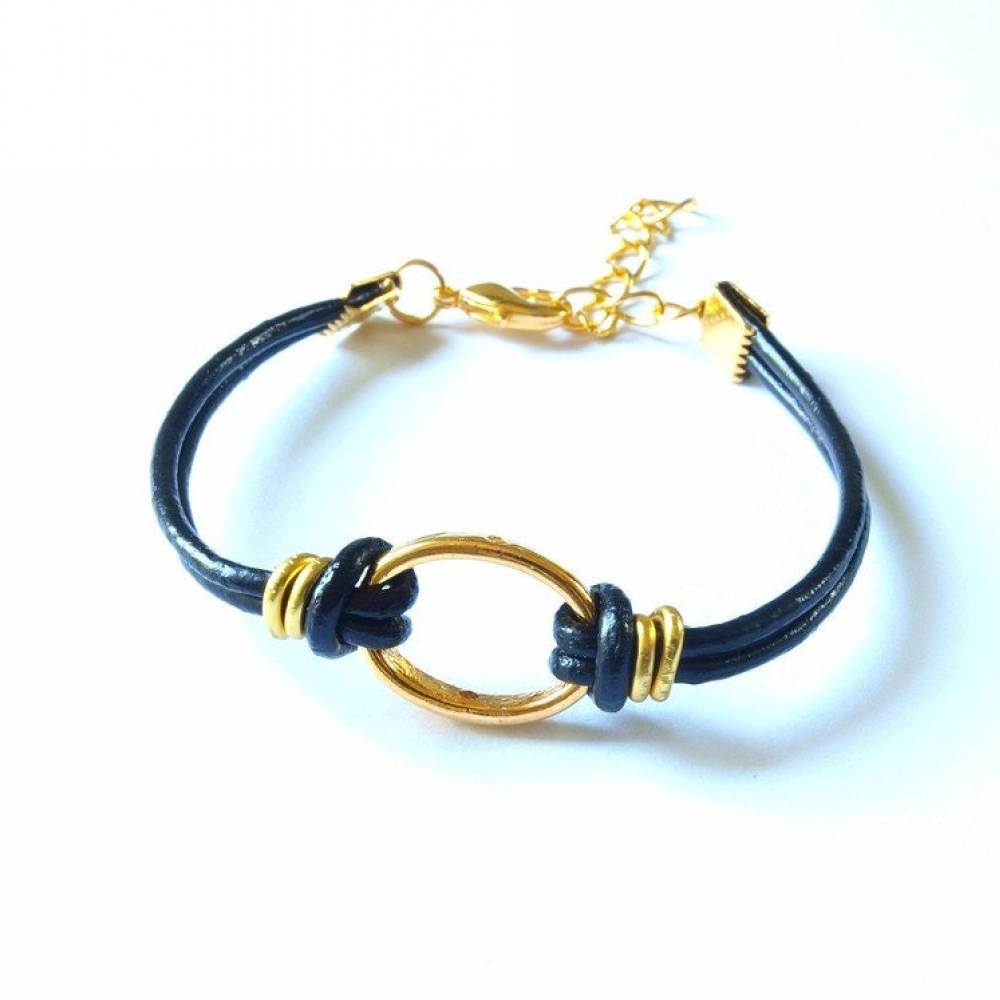 Leder Armband Kreis Verbinder golden schwarz