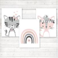 3er Set Kinderzimmerbilder Katzen mit Regenbogen, mit oder ohne Namen,  A4 weiß rosa Bild 1