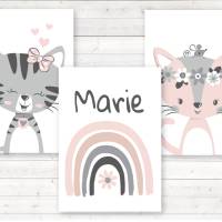 3er Set Kinderzimmerbilder Katzen mit Regenbogen, mit oder ohne Namen,  A4 weiß rosa Bild 2