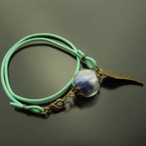 Armreifen nach Wahl Echte Blüten blau Glas Perle Armband Leder Bild 3