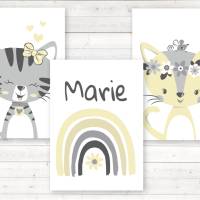 3er Set Kinderzimmerbilder Katzen mit Regenbogen, mit oder ohne Namen,  A4 weiß gelb Bild 2