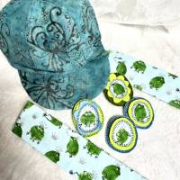 Pfiffiges Haarband aus Baumwollstoff mit kleinen grünen Fröschen. Einheitsgröße durch eingefasstes Gummiband Bild 4