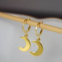 Creolen Halbmond Ohrringe und Kette Gold, Mondsichel Anhänger, Mond Ohrringe hängend, Hängeohrringe, minimalistisch Bild 2