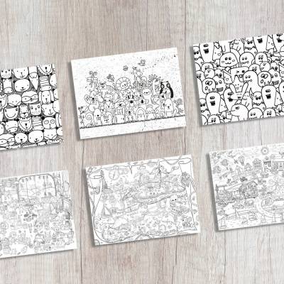 Tischsets | Platzsets - Malvorlage "Wimmelbild-Set" zum Ausmalen aus Papier - 44 x 32 cm - 12 Stück mit hochwert