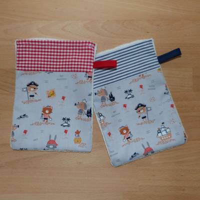 2er Set Waschhandschuhe für Kinder mit Piraten-Motiv aus Biobaumwolle, Handarbeit 