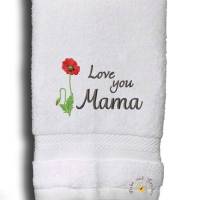Für Muttertag besticktes personalisiertes Handtuch Gästehandtuch Love you Mama mit Mohnblume Geschenke Geburtstag Bild 1