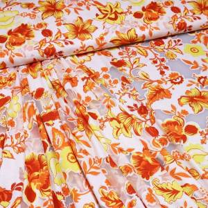 Stoff Viskose Jersey mit Ausbrenner Blumen Design weiß orange gelb rot silber Kleiderstoff Bild 1