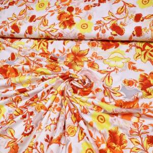 Stoff Viskose Jersey mit Ausbrenner Blumen Design weiß orange gelb rot silber Kleiderstoff Bild 2