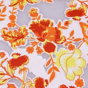 Stoff Viskose Jersey mit Ausbrenner Blumen Design weiß orange gelb rot silber Kleiderstoff Bild 3