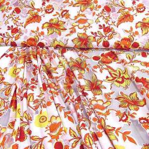 Stoff Viskose Jersey mit Ausbrenner Blumen Design weiß orange gelb rot silber Kleiderstoff Bild 4