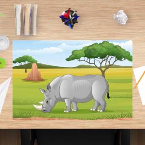 Schreibtischunterlage – Nashorn in der Steppe – 60 x 40 cm – Schreibunterlage Kinder aus Premium Vinyl – Made in Germany Bild 1