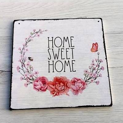 Holzschild Home Sweet Home mit Blumenranke Landhaus, Shabby Chic, Holzschild, Dekoration, Willkommen