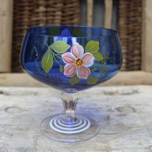 Fußschale Fußkelch Anbietschale Blumendekor Handbemalt Kristallglas  Vintage DDR Bild 1