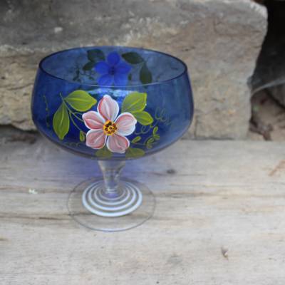 Fußschale Fußkelch Anbietschale Blumendekor Handbemalt Kristallglas Vintage DDR